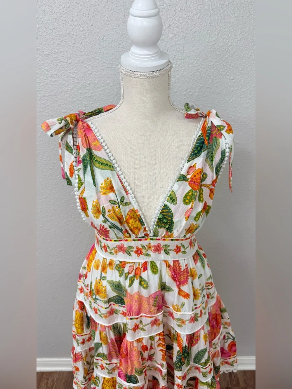 FARM Rio Macaw Bloom Tie Shoulder Tiered Floral Mini Dress Size S